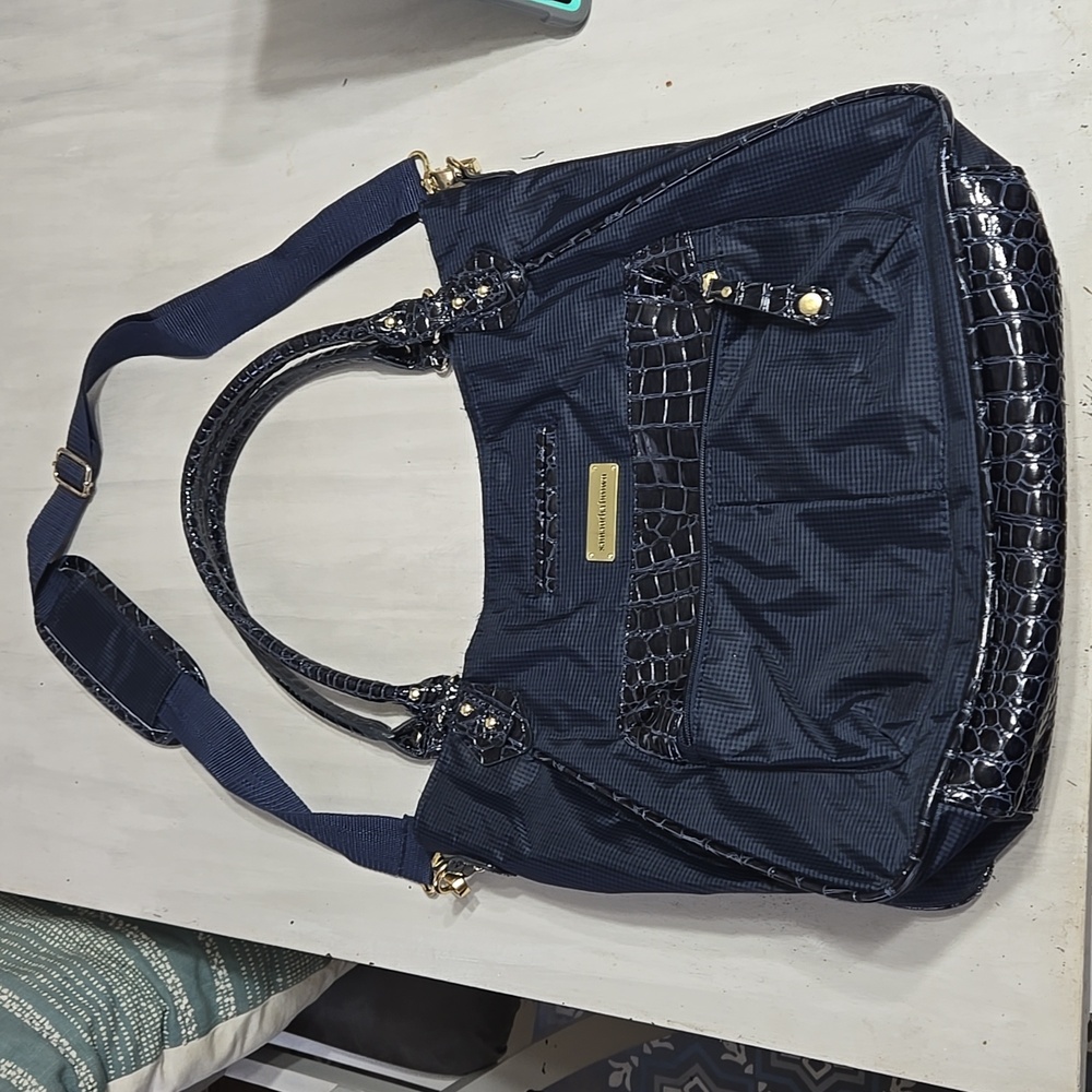 SAMANTHA BROWN Navy Black Croc Embossed Tote Carry-On Overnight Weekender Bag